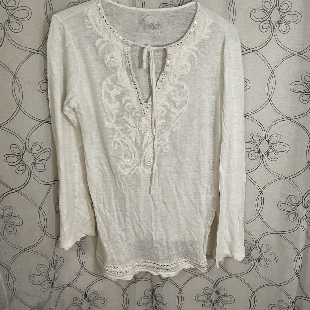 Women's INC Beach White Tunic Top Tie Neck Long Sleeve Size XL